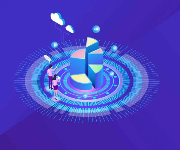 Ilustração digital de profissionais analisando gráficos e métricas representando serviços de tráfego pago